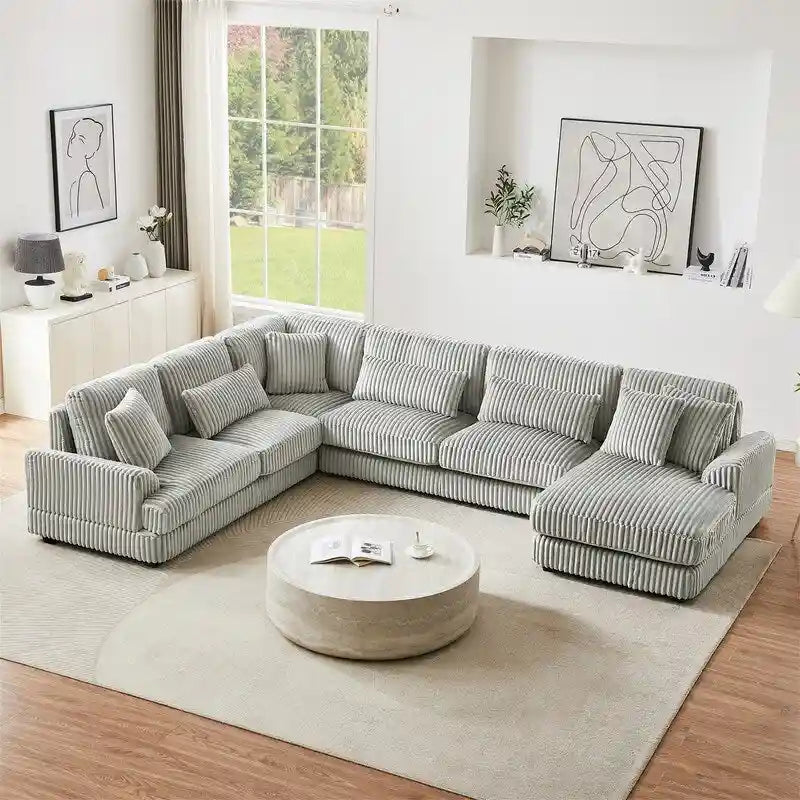 Oversized U-shaped Sectional Sofa with Chaise Lounge, 129 Modern Upholstered Sofa Couch, Corduroy Couch Set for Living Room