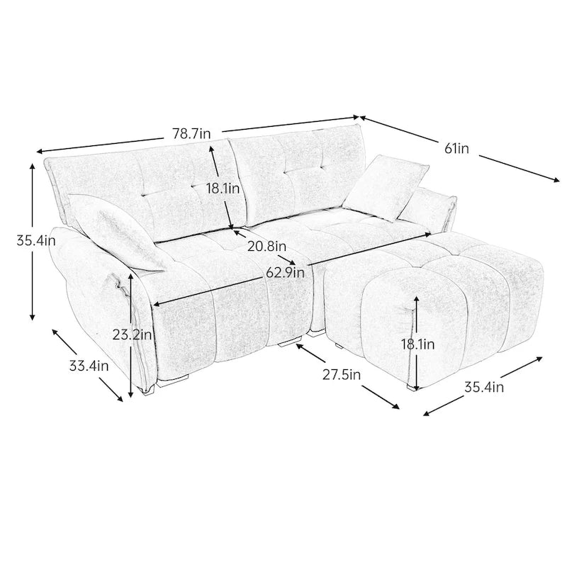 Canapé 2 places en chenille 78,7 avec pouf, design minimaliste et coussins haute résilience