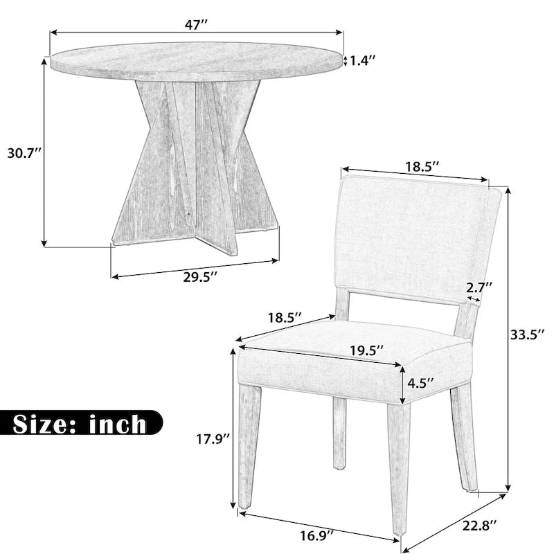 Table de salle à manger ronde 5 pièces avec 4 chaises rembourrées