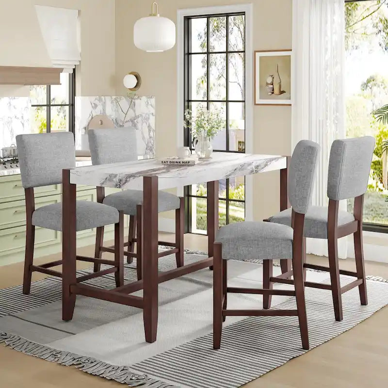 5-Piece Counter Height Dining Table Set, Faux Marble Bar Table and 4 Upholstered-Seat Chairs