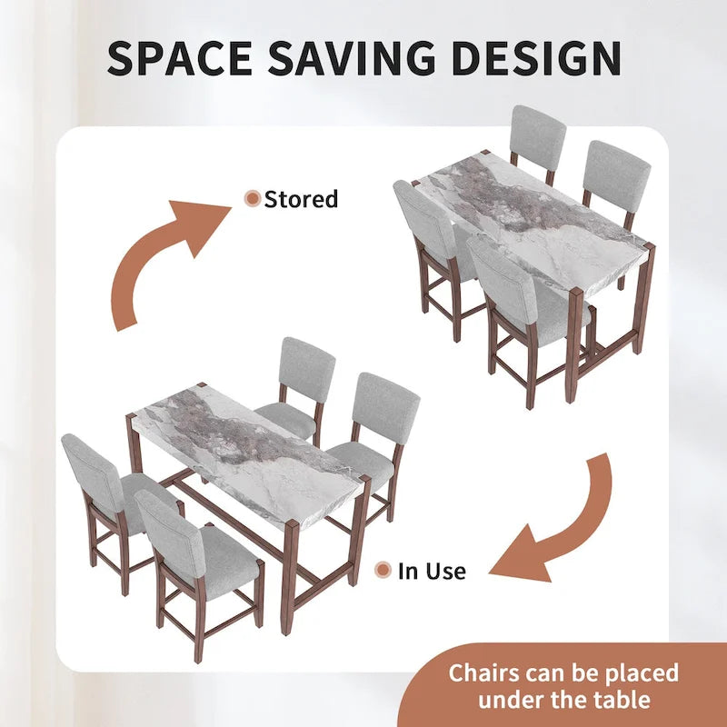 Ensemble de salle à manger 5 pièces comprenant une table de bar haute, une table de bar en faux marbre et 4 chaises à assise rembourrée.