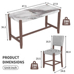 Ensemble de salle à manger 5 pièces comprenant une table de bar haute, une table de bar en faux marbre et 4 chaises à assise rembourrée.