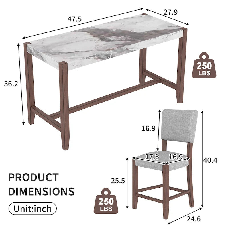 Ensemble de salle à manger 5 pièces comprenant une table de bar haute, une table de bar en faux marbre et 4 chaises à assise rembourrée.