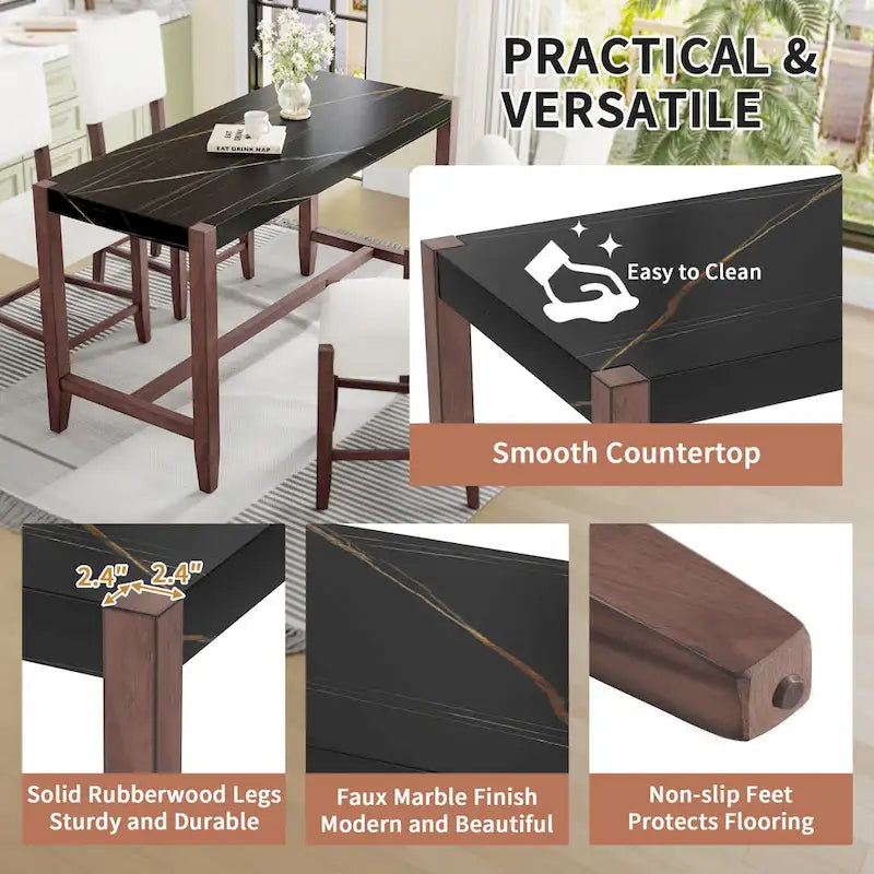 Ensemble de salle à manger 5 pièces comprenant une table de bar haute, une table de bar en faux marbre et 4 chaises à assise rembourrée.