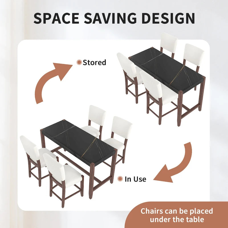 Ensemble de salle à manger 5 pièces comprenant une table de bar haute, une table de bar en faux marbre et 4 chaises à assise rembourrée.