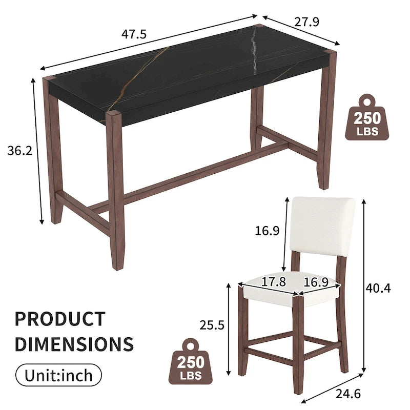 Ensemble de salle à manger 5 pièces comprenant une table de bar haute, une table de bar en faux marbre et 4 chaises à assise rembourrée.