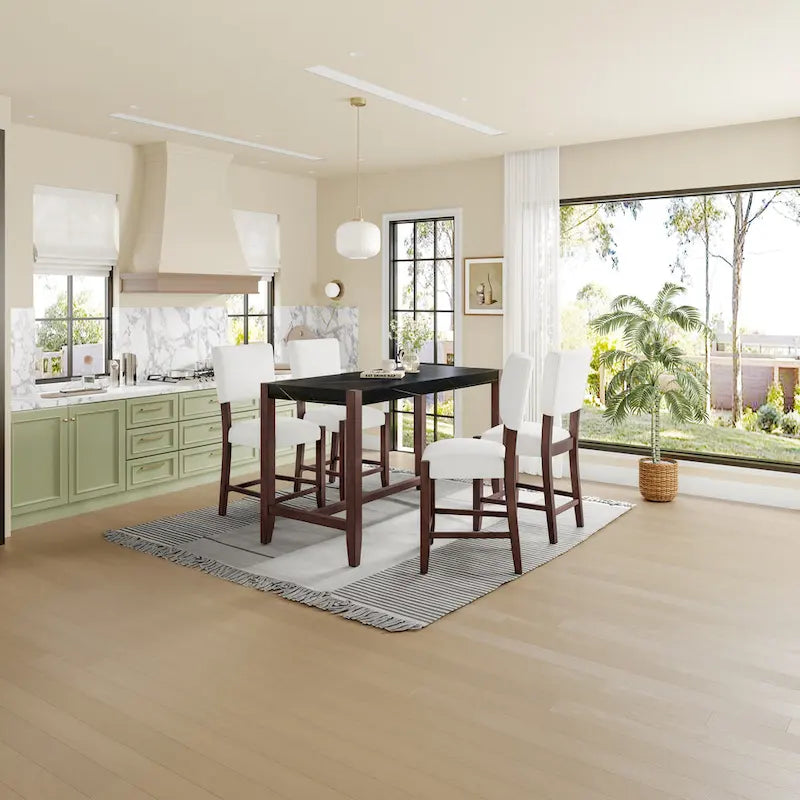 Ensemble de salle à manger 5 pièces comprenant une table de bar haute, une table de bar en faux marbre et 4 chaises à assise rembourrée.