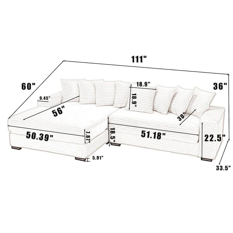 Canapé d'angle en velours côtelé beige 111 avec méridienne gauche surdimensionnée
