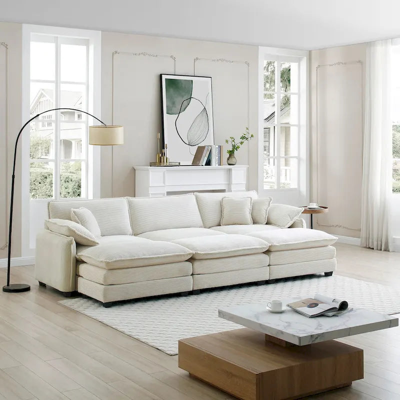 Canapé d'angle convertible modulable en velours côtelé beige 6 pièces avec 3 poufs et 5 coussins