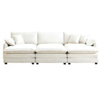 Canapé d'angle convertible modulable en velours côtelé beige 6 pièces avec 3 poufs et 5 coussins