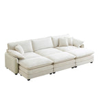 Canapé d'angle convertible modulable en velours côtelé beige 6 pièces avec 3 poufs et 5 coussins