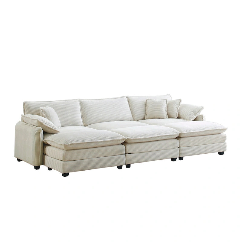 Canapé d'angle convertible modulable en velours côtelé beige 6 pièces avec 3 poufs et 5 coussins