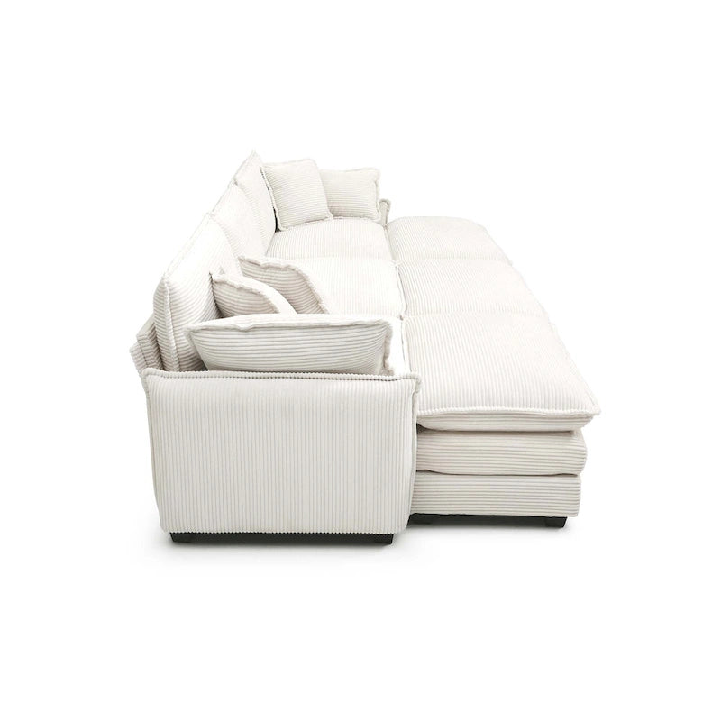 Canapé d'angle convertible modulable en velours côtelé beige 6 pièces avec 3 poufs et 5 coussins