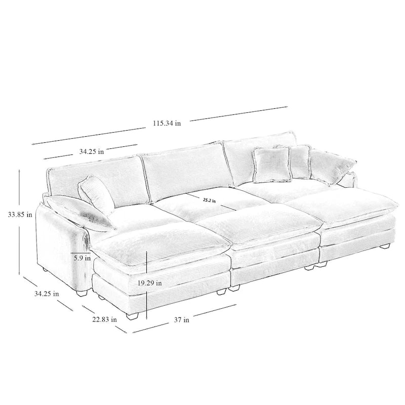 Canapé d'angle convertible modulable en velours côtelé beige 6 pièces avec 3 poufs et 5 coussins