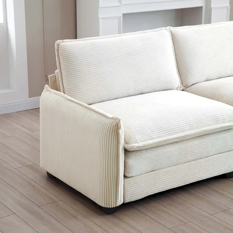 Canapé d'angle convertible modulable en velours côtelé beige 6 pièces avec 3 poufs et 5 coussins