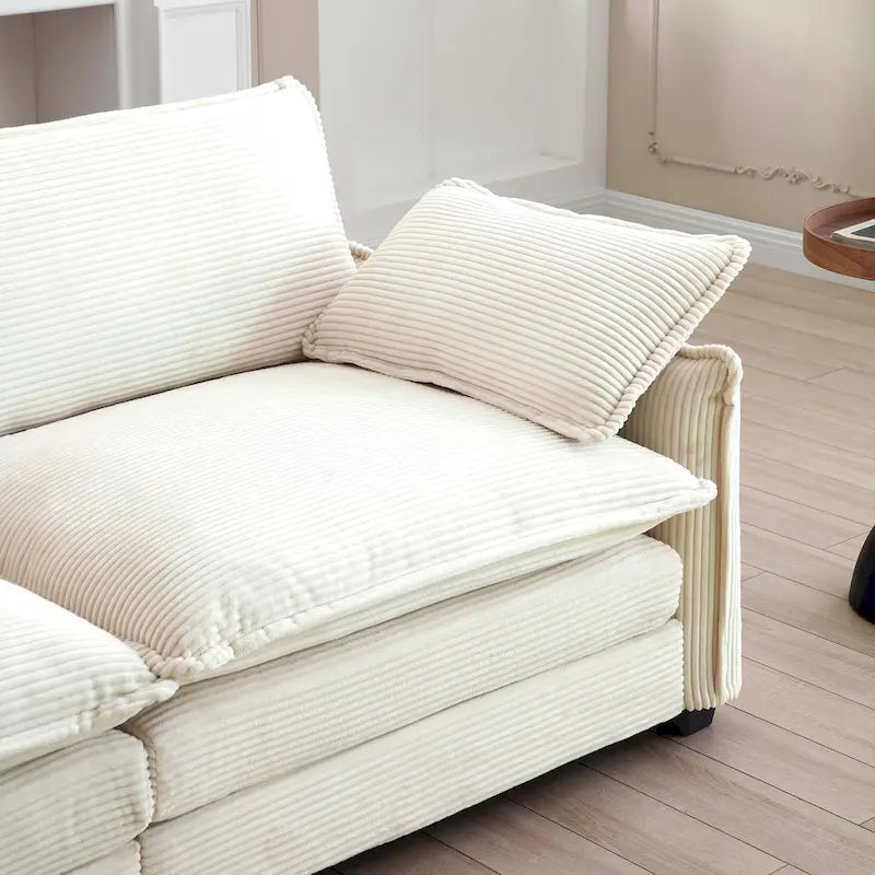 Canapé d'angle convertible modulable en velours côtelé beige 6 pièces avec 3 poufs et 5 coussins