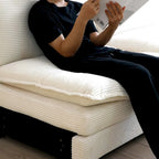 Canapé d'angle convertible modulable en velours côtelé beige 6 pièces avec 3 poufs et 5 coussins