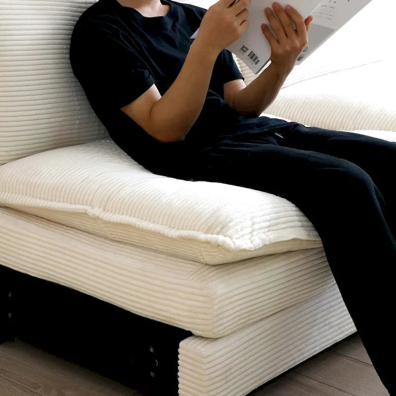 Canapé d'angle convertible modulable en velours côtelé beige 6 pièces avec 3 poufs et 5 coussins