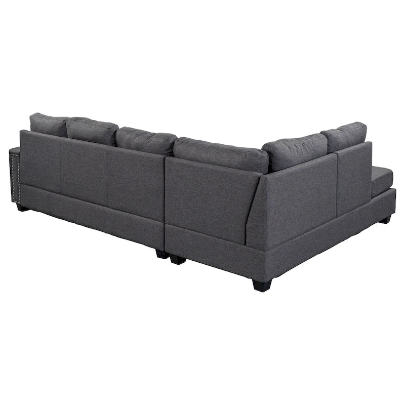 Canapé d'angle réversible en L 6 places gris 105.2 avec pouf de rangement et porte-gobelets, design lin gain de place