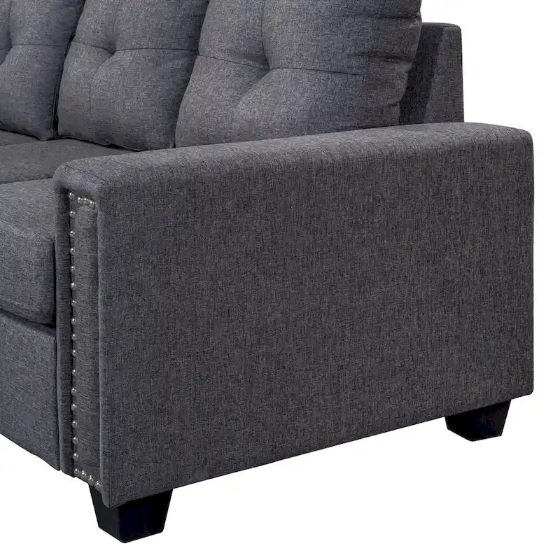 Canapé d'angle réversible en L 6 places gris 105.2 avec pouf de rangement et porte-gobelets, design lin gain de place