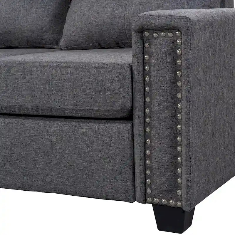 Canapé d'angle réversible en L 6 places gris 105.2 avec pouf de rangement et porte-gobelets, design lin gain de place