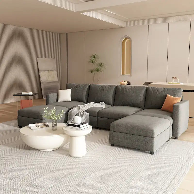 Canapé d'angle modulaire 4 places en forme de U gris 123 avec poufs de rangement