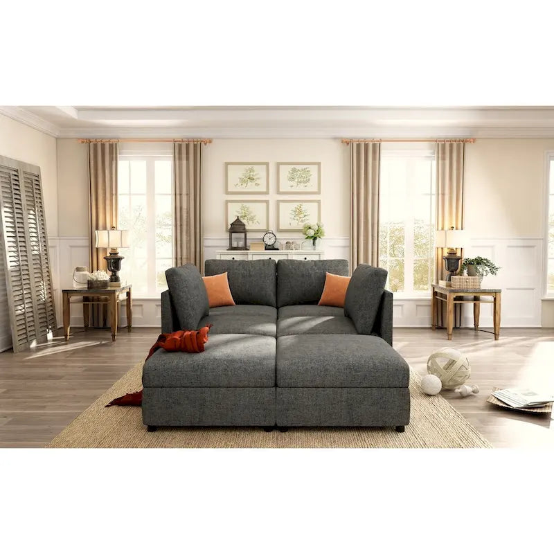 Canapé d'angle modulaire 4 places en forme de U gris 123 avec poufs de rangement