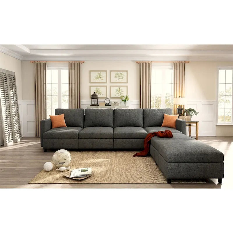 Canapé d'angle modulaire 4 places en forme de U gris 123 avec poufs de rangement