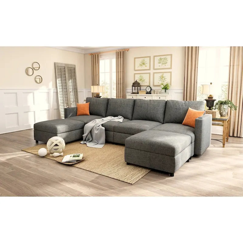 Canapé d'angle modulaire 4 places en forme de U gris 123 avec poufs de rangement