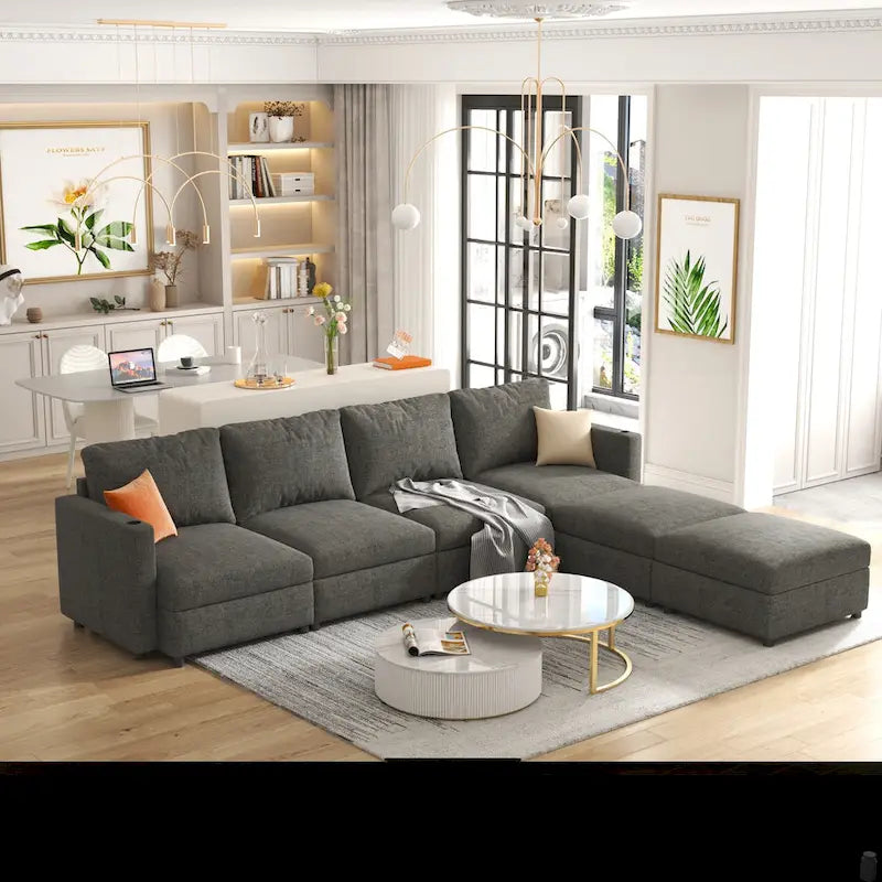 Canapé d'angle modulaire 4 places en forme de U gris 123 avec poufs de rangement