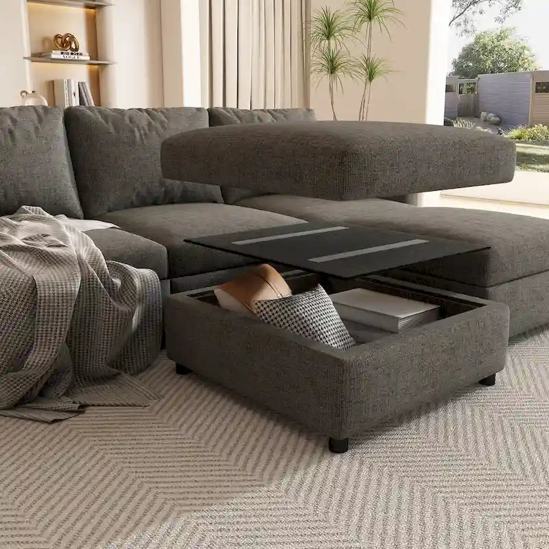 Canapé d'angle modulaire 4 places en forme de U gris 123 avec poufs de rangement