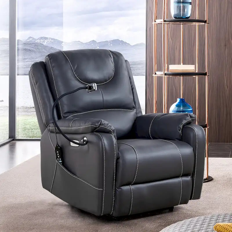 Fauteuil inclinable électrique noir, avec massage, chauffage, ports USB, support pour téléphone et poches latérales, inclinaison réglable jusqu'à 139°.