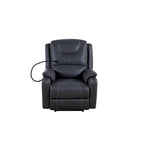 Fauteuil inclinable électrique noir, avec massage, chauffage, ports USB, support pour téléphone et poches latérales, inclinaison réglable jusqu'à 139°.