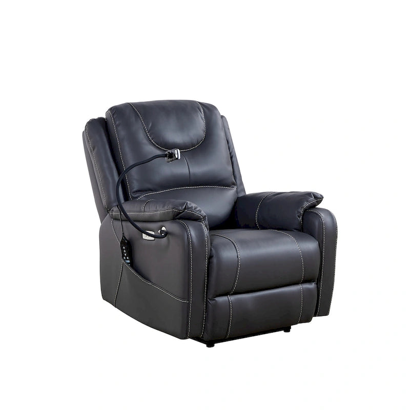 Fauteuil inclinable électrique noir, avec massage, chauffage, ports USB, support pour téléphone et poches latérales, inclinaison réglable jusqu'à 139°.