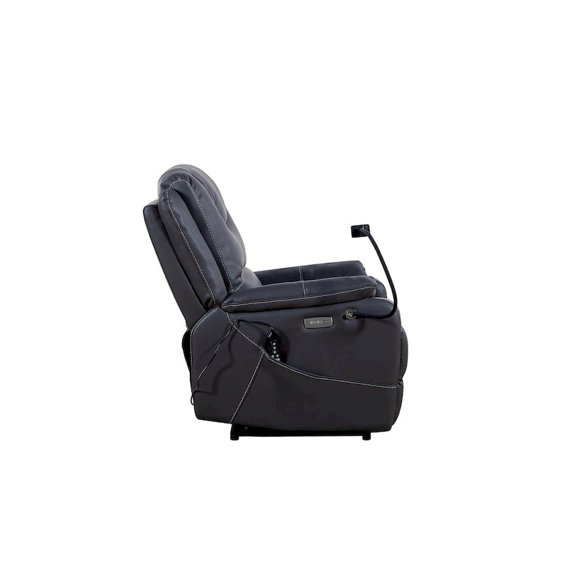 Fauteuil inclinable électrique noir, avec massage, chauffage, ports USB, support pour téléphone et poches latérales, inclinaison réglable jusqu'à 139°.