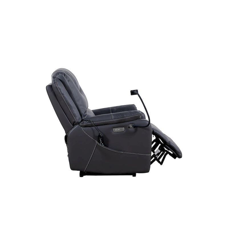 Fauteuil inclinable électrique noir, avec massage, chauffage, ports USB, support pour téléphone et poches latérales, inclinaison réglable jusqu'à 139°.