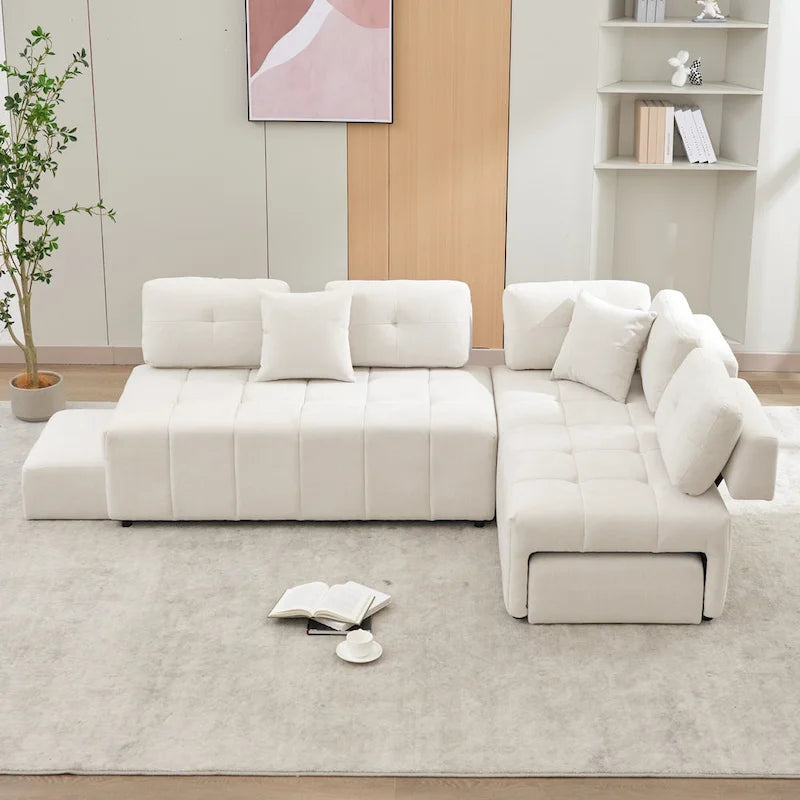Canapé d'angle 4 places en forme de L (91,73 po) avec 2 poufs dissimulés, 2 coussins lombaires amovibles et revêtement en chenille durable.