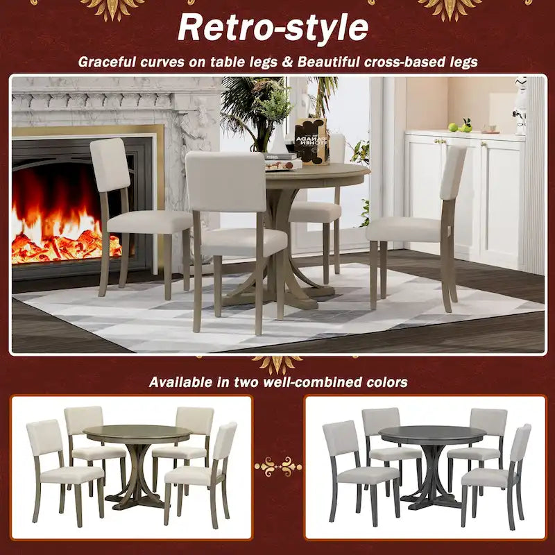 Ensemble de salle à manger rétro taupe 5 pièces en bois avec table à tréteaux incurvée et 4 chaises