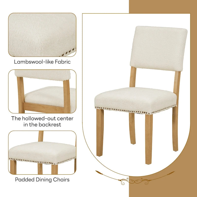 Ensemble de salle à manger 5 pièces en bois de style campagnard avec table ronde et 4 chaises rembourrées en tissu aspect laine d'agneau