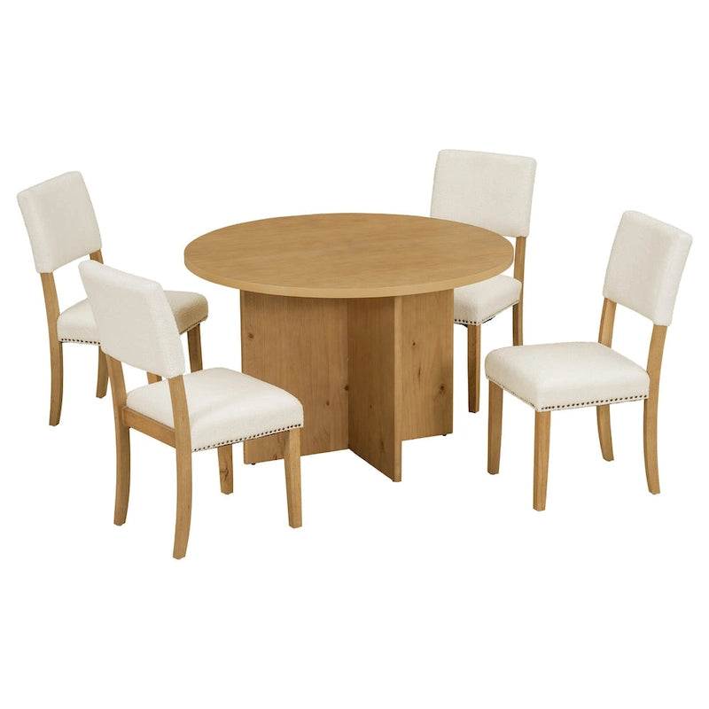 Ensemble de salle à manger 5 pièces en bois de style campagnard avec table ronde et 4 chaises rembourrées en tissu aspect laine d'agneau