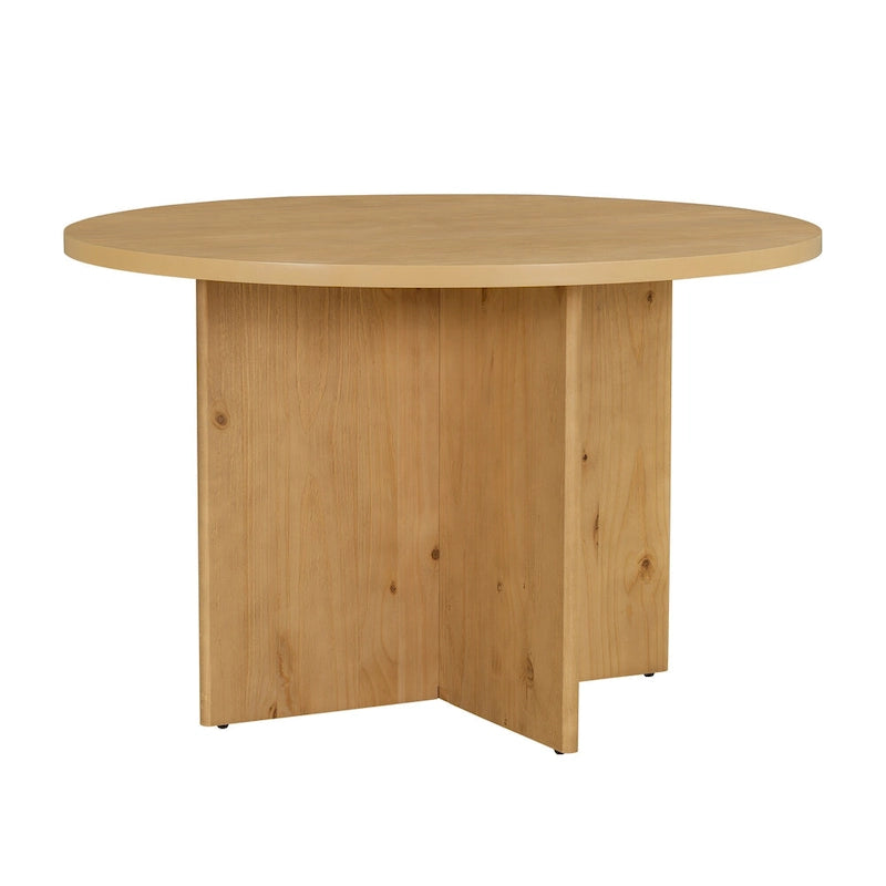 Ensemble de salle à manger 5 pièces en bois de style campagnard avec table ronde et 4 chaises rembourrées en tissu aspect laine d'agneau