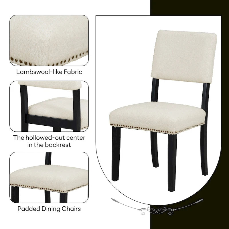 Ensemble de salle à manger 5 pièces en bois de style campagnard avec table ronde et 4 chaises rembourrées en tissu aspect laine d'agneau