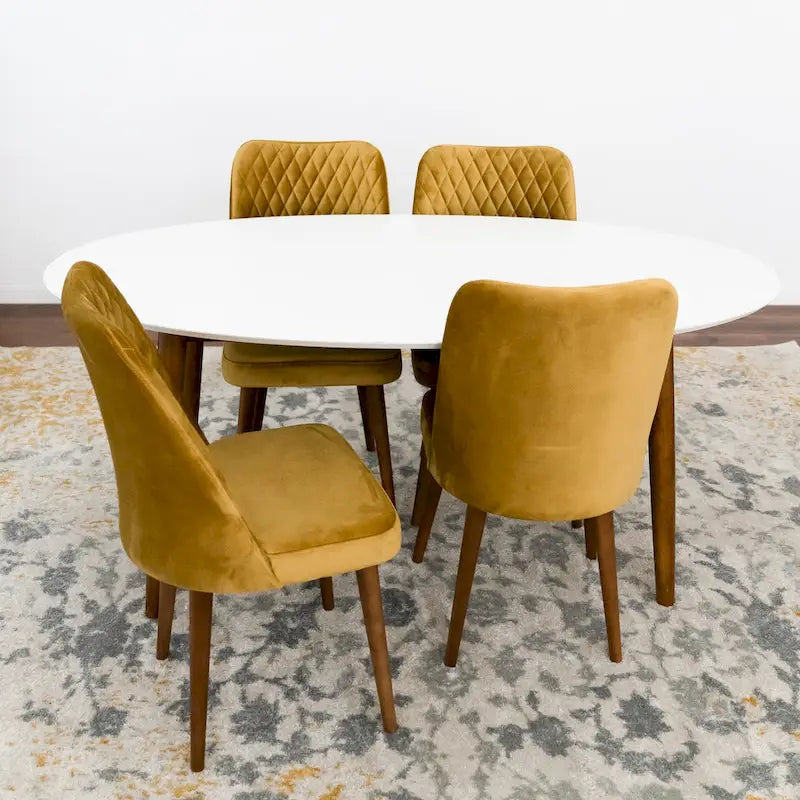 Ensemble de salle à manger ovale 5 pièces Kadenza avec 4 chaises de salle à manger en tissu jaune