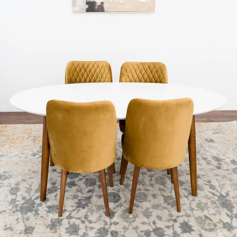 Ensemble de salle à manger ovale 5 pièces Kadenza avec 4 chaises de salle à manger en tissu jaune