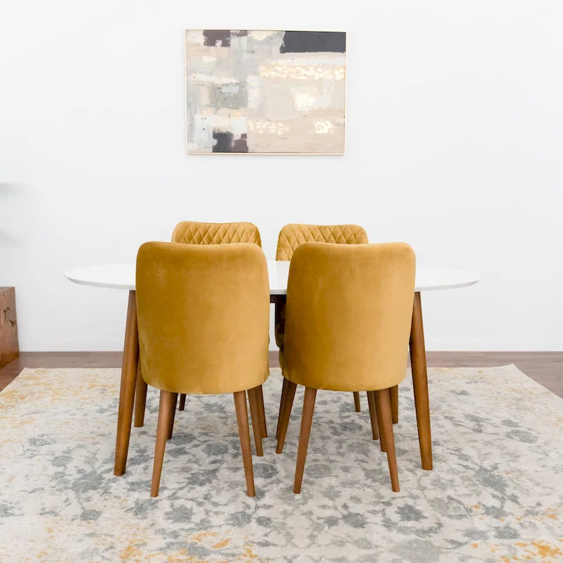 Ensemble de salle à manger ovale 5 pièces Kadenza avec 4 chaises de salle à manger en tissu jaune