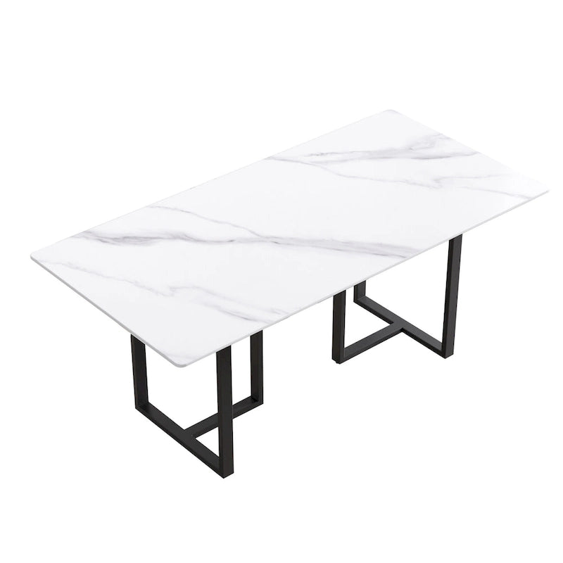 Table de salle à manger en marbre blanc 71 pour 6 à 8 personnes, plateau rectangulaire et pieds triangulaires en acier au carbone