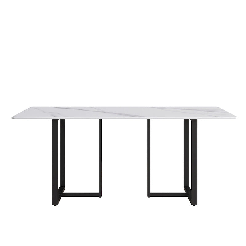 Table de salle à manger en marbre blanc 71 pour 6 à 8 personnes, plateau rectangulaire et pieds triangulaires en acier au carbone