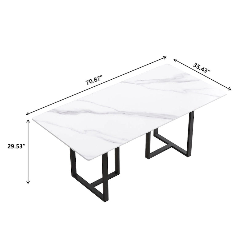 Table de salle à manger en marbre blanc 71 pour 6 à 8 personnes, plateau rectangulaire et pieds triangulaires en acier au carbone