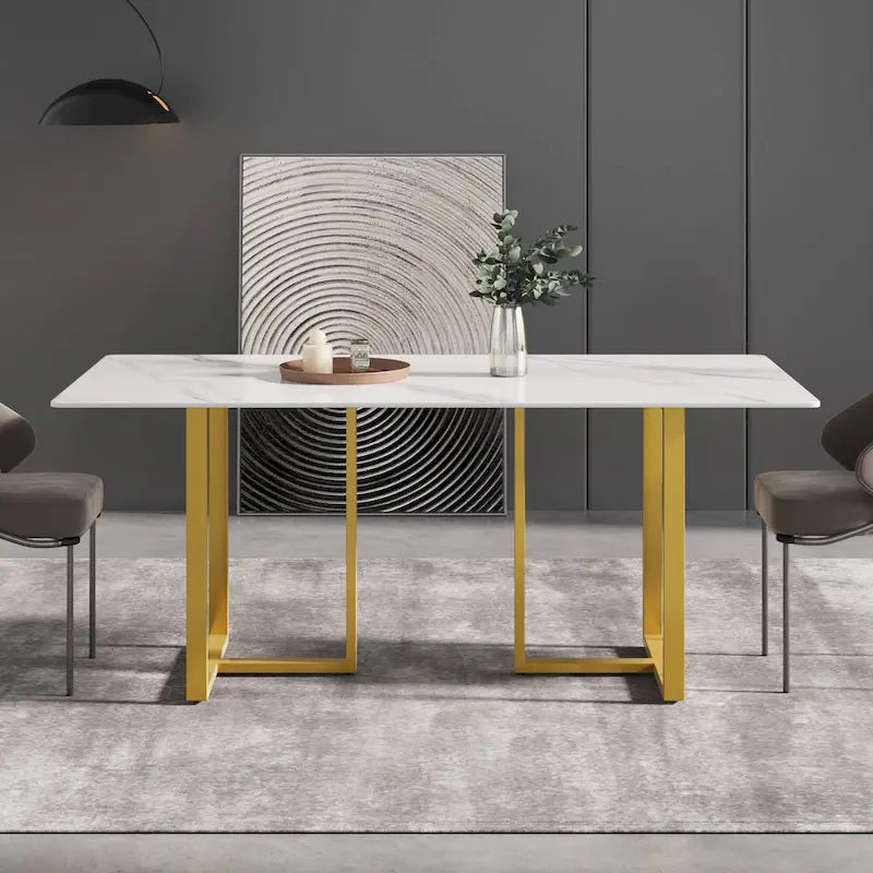 Table de salle à manger en marbre blanc 71 pour 6 à 8 personnes, plateau rectangulaire et pieds triangulaires en acier au carbone