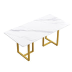 Table de salle à manger en marbre blanc 71 pour 6 à 8 personnes, plateau rectangulaire et pieds triangulaires en acier au carbone